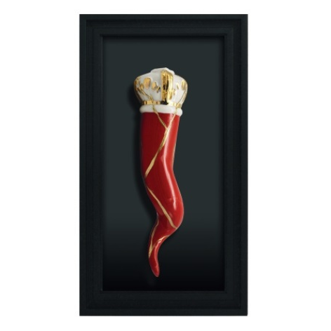 QUADRO CORNO SBORDONE PORCELLANE | in legno e porcellana Capodimonte | 26x46cm