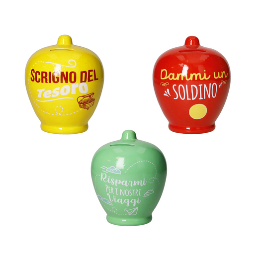 SALVADANAIO CLASSICO CON FRASI BRANDANI | decori assortiti | Ø11x14cm