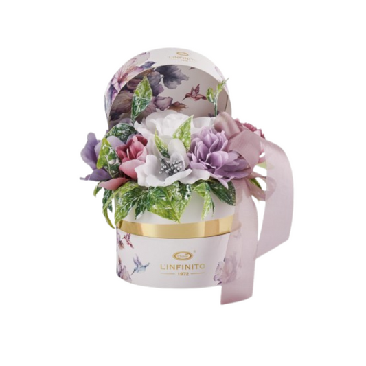 SCATOLA BOUQUET PORTACONFETTI COLIBRÌ L'INFINITO BOMBONIERE | con fiori | Ø10x20cm