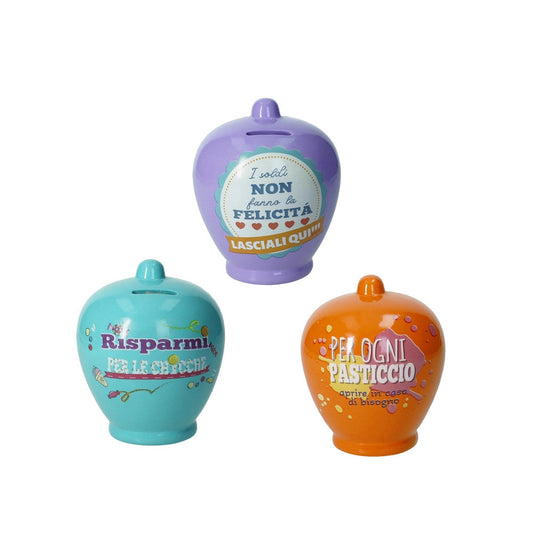 SALVADANAIO CLASSICO CON FRASI BRANDANI | decori assortiti | Ø11x14cm