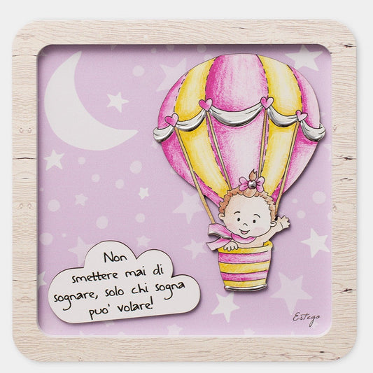 QUADRETTO MONGOLFIERA BIMBA LE GRAZIOSE | in legno | 15x15cm - | Adele Chérie - articoli da regalo e bomboniere