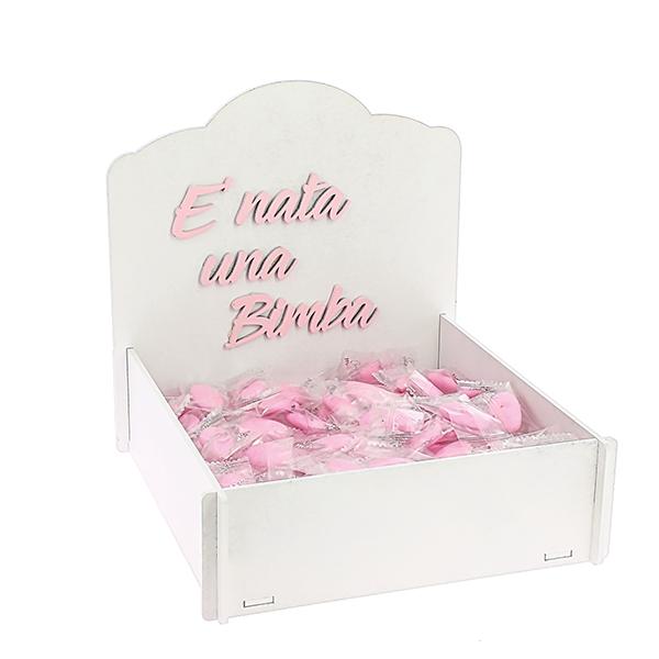 KIT NASCITA BIMBA, cesto in legno con confetti rosa