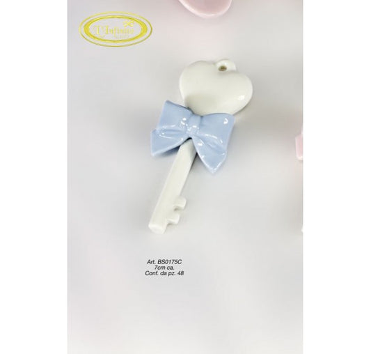 CHIAVE CON FIOCCO CELESTE | in porcellana | 7cm - | Adele Chérie - articoli da regalo e bomboniere