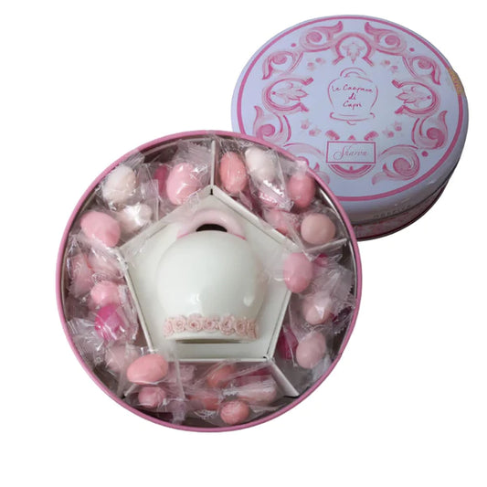 CAMPANELLA ROSE ROSA CAPRI IN LATTA SHARON BOMBONIERE | con confettata mixed 250g | 10,5cm