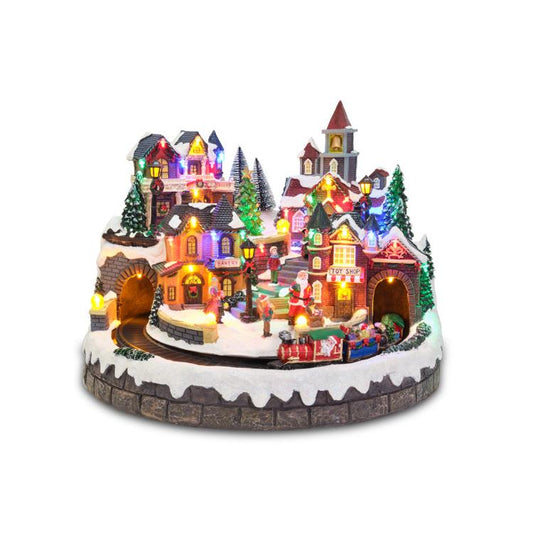 GIOSTRA VILLAGGIO DI NATALE CON TRENINO HENRIETTE | in resina con luci e musica | 40x40x32cm