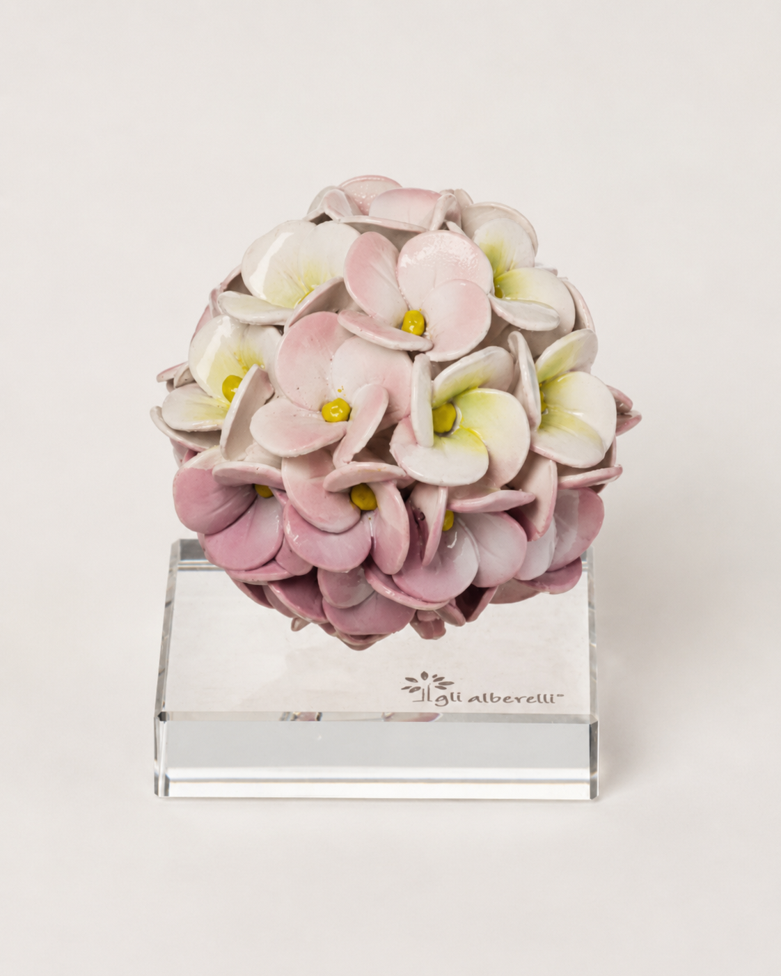 ORTENSIA SU BASE DI CRISTALLO GLI ALBERELLI | in ceramica di Capodimonte vari colori | Ø7x9cm