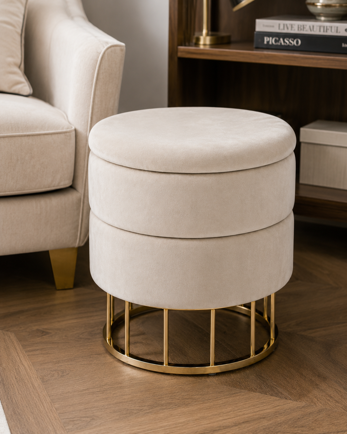 POUF CONTENITORE PAVLINA BIZZOTTO | in metallo e tessuto | Ø37x42cm