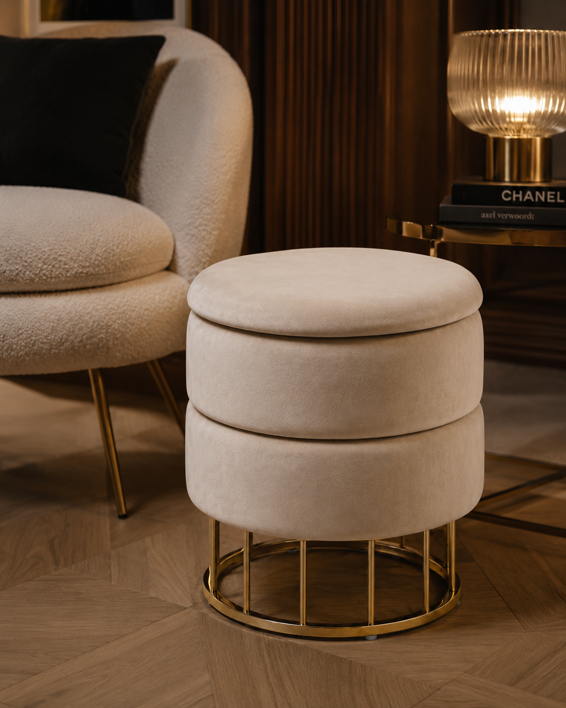 POUF CONTENITORE PAVLINA BIZZOTTO | in metallo e tessuto | Ø37x42cm