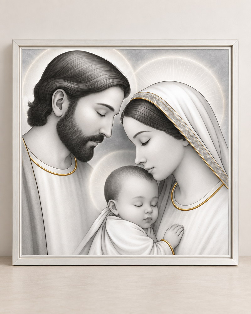 QUADRO SACRA FAMIGLIA ESTEGO | in legno con dettagli in argento | 60x60cm