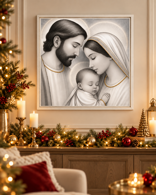 QUADRO SACRA FAMIGLIA ESTEGO | in legno con dettagli in argento | 60x60cm