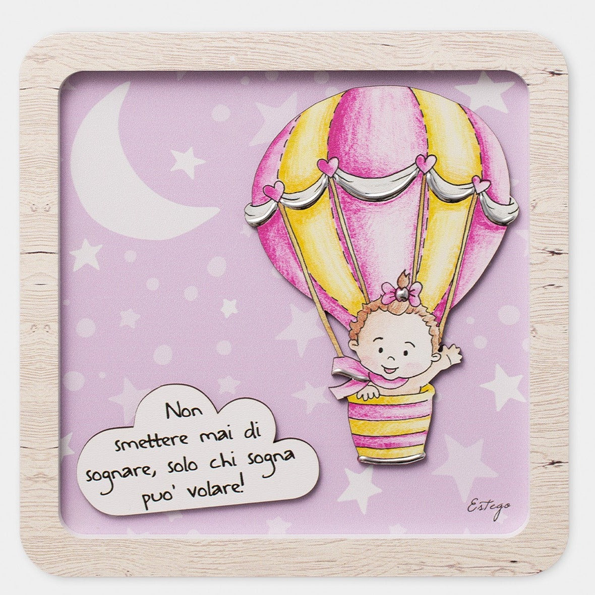 QUADRETTO MONGOLFIERA BIMBA LE GRAZIOSE | in legno | 15x15cm - | Adele Chérie - articoli da regalo e bomboniere