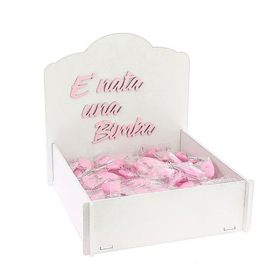 KIT NASCITA BIMBA, cesto in legno con confetti rosa
