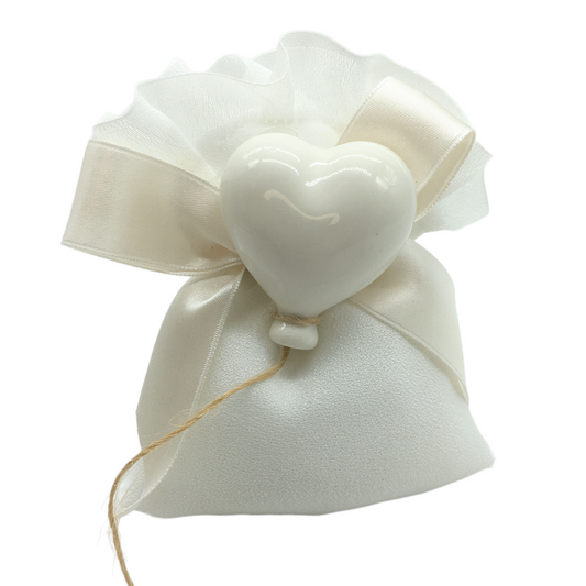 SACCHETTO CON PALLONCINO CUORE AD REGALO | applicazione in ceramica | 10x12cm - bianco | Adele Chérie - articoli da regalo e bomboniere