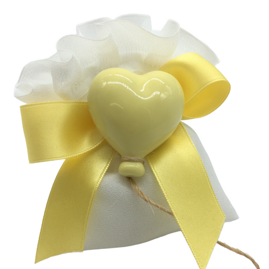 SACCHETTO CON PALLONCINO CUORE AD REGALO | applicazione in ceramica | 10x12cm - giallo | Adele Chérie - articoli da regalo e bomboniere