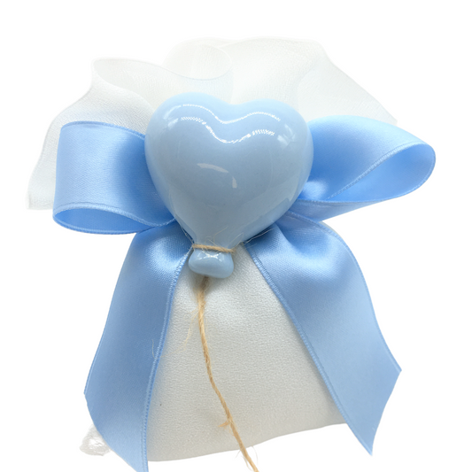 SACCHETTO CON PALLONCINO CUORE AD REGALO | applicazione in ceramica | 10x12cm - celeste | Adele Chérie - articoli da regalo e bomboniere