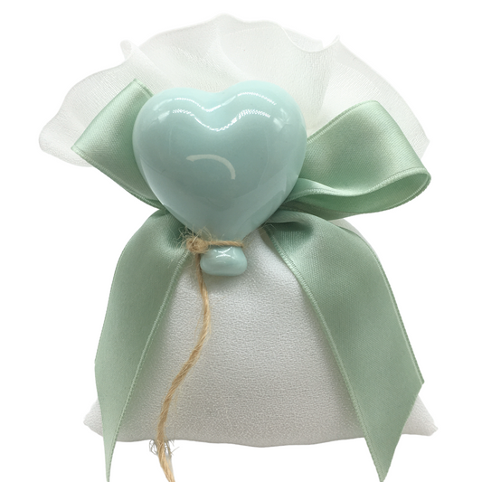 SACCHETTO CON PALLONCINO CUORE AD REGALO | applicazione in ceramica | 10x12cm - verde | Adele Chérie - articoli da regalo e bomboniere
