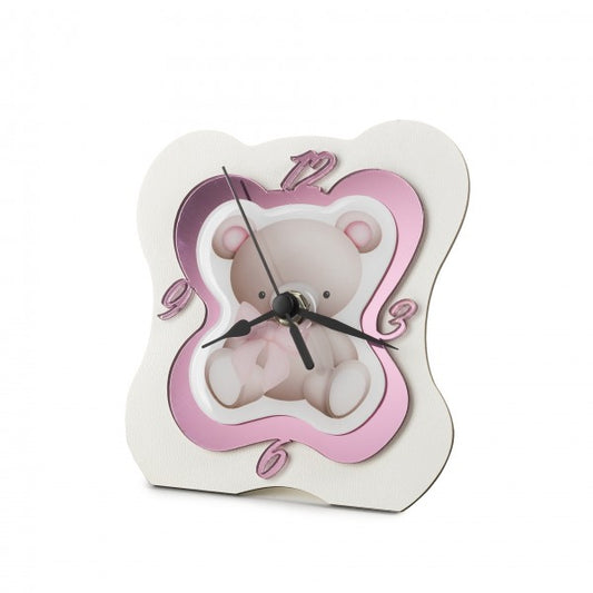 OROLOGIO ORSETTO FLOCK DEBORA CARLUCCI | in legno e plex vari colori | 13x14,5cm - flock / rosa | Adele Chérie - articoli da regalo e bomboniere